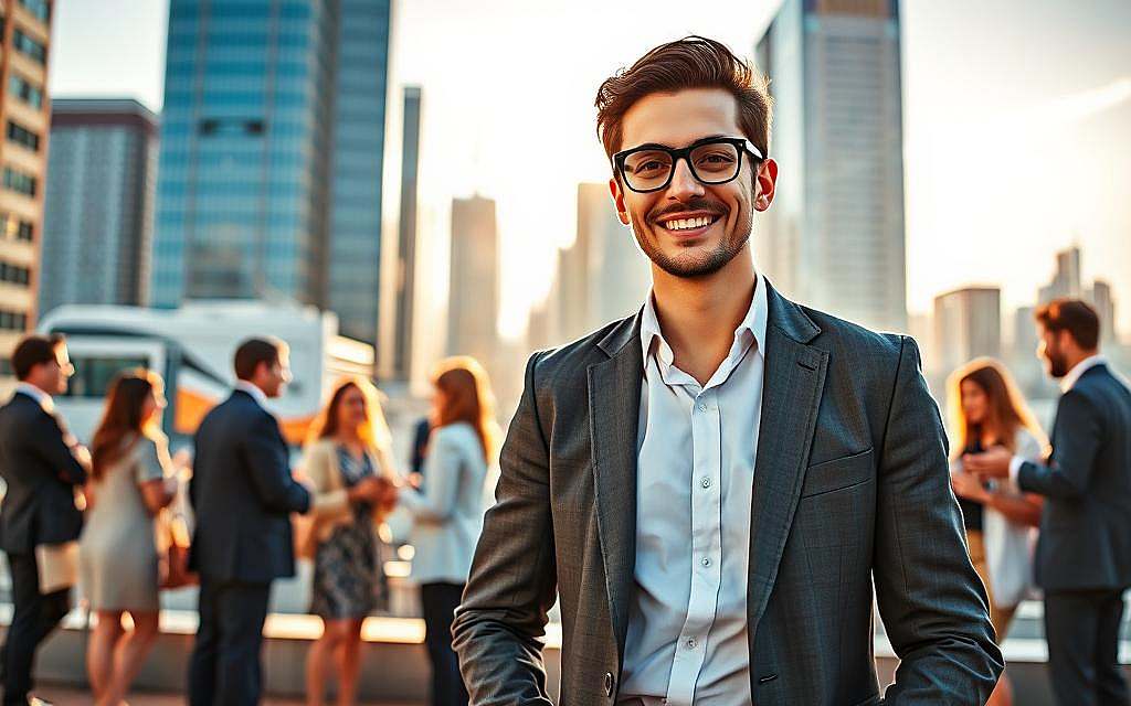A professional individual confidently presenting their personal brand in a vibrant urban setting. In the foreground, a stylishly dressed person in business attire stands with a bright smile, exuding self-assurance. Their outfit is modern yet approachable, symbolizing professionalism. The middle ground features a diverse group of people engaged in dynamic conversations, all in professional or smart casual attire, reflecting networking and collaboration. The background illustrates a bustling city skyline, with sun rays filtering through tall buildings, creating an inspiring atmosphere. Use warm, natural lighting to evoke positivity and ambition. The image should convey a sense of empowerment and mastery over one’s personal brand. Use a wide-angle lens to capture the scene holistically, focusing on the central figure as the embodiment of self-marketing mastery. A professional individual confidently presenting their personal brand in a vibrant urban setting. In the foreground, a stylishly dressed person in business attire stands with a bright smile, exuding self-assurance. Their outfit is modern yet approachable, symbolizing professionalism. The middle ground features a diverse group of people engaged in dynamic conversations, all in professional or smart casual attire, reflecting networking and collaboration. The background illustrates a bustling city skyline, with sun rays filtering through tall buildings, creating an inspiring atmosphere. Use warm, natural lighting to evoke positivity and ambition. The image should convey a sense of empowerment and mastery over one’s personal brand. Use a wide-angle lens to capture the scene holistically, focusing on the central figure as the embodiment of self-marketing mastery.
