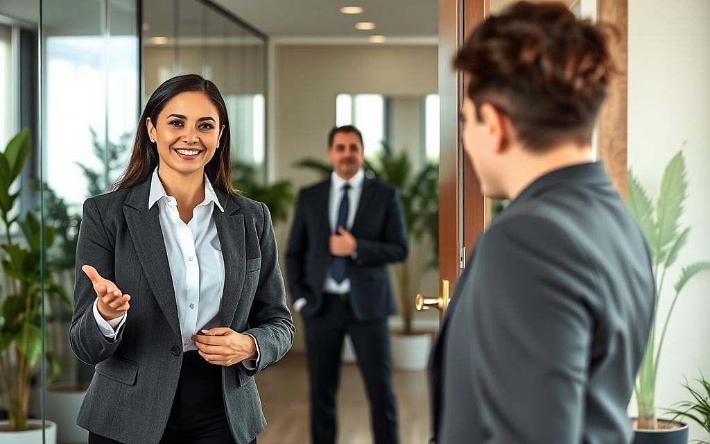 A professional setting showcasing the "door-in-the-face technique" in psychology. In the foreground, a confident businesswoman in a smart blazer is gesturing towards an open door, symbolizing a request. Her facial expression shows assertiveness and enthusiasm. In the middle ground, a second individual, a well-dressed businessman, appears hesitant yet curious, standing near the doorway, contemplating his response. The background features a modern office interior with glass walls and greenery, creating an open and inviting atmosphere. Soft natural lighting streams through the windows, casting gentle shadows. The composition feels dynamic and engaging, evoking a sense of persuasion and dialogue between individuals. The setting is professional, reflecting the importance of communication in everyday interactions. A professional setting showcasing the "door-in-the-face technique" in psychology. In the foreground, a confident businesswoman in a smart blazer is gesturing towards an open door, symbolizing a request. Her facial expression shows assertiveness and enthusiasm. In the middle ground, a second individual, a well-dressed businessman, appears hesitant yet curious, standing near the doorway, contemplating his response. The background features a modern office interior with glass walls and greenery, creating an open and inviting atmosphere. Soft natural lighting streams through the windows, casting gentle shadows. The composition feels dynamic and engaging, evoking a sense of persuasion and dialogue between individuals. The setting is professional, reflecting the importance of communication in everyday interactions.