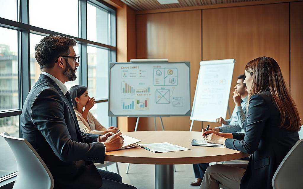 A professional team in a modern conference room engaged in a constructive dialogue about conflict management. In the foreground, two business professionals, a man and a woman, are seated at a round table, actively listening and taking notes, dressed in formal attire. The middle section of the image features a whiteboard with charts and diagrams illustrating conflict management strategies, while around the table, other team members thoughtfully participate in the discussion. In the background, large windows provide natural light, casting a warm atmosphere on the scene. The lighting is bright yet soft, enhancing a sense of collaboration and open communication. The overall mood is focused and positive, encouraging a sense of resolution and teamwork. A professional team in a modern conference room engaged in a constructive dialogue about conflict management. In the foreground, two business professionals, a man and a woman, are seated at a round table, actively listening and taking notes, dressed in formal attire. The middle section of the image features a whiteboard with charts and diagrams illustrating conflict management strategies, while around the table, other team members thoughtfully participate in the discussion. In the background, large windows provide natural light, casting a warm atmosphere on the scene. The lighting is bright yet soft, enhancing a sense of collaboration and open communication. The overall mood is focused and positive, encouraging a sense of resolution and teamwork.