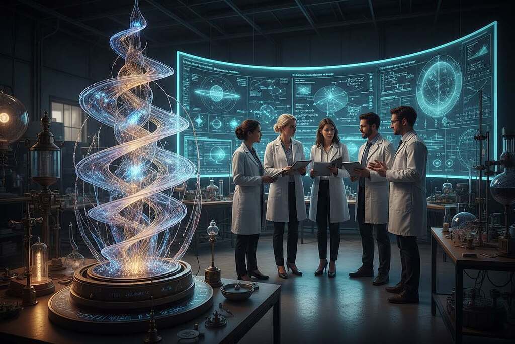 A scientific perspective on the ether concept, featuring an intricate laboratory setting with a large, intricate ether model in the foreground. The model should have transparent, swirling layers that represent energy flows. In the middle ground, a diverse group of researchers dressed in professional attire, deep in discussion, holding notes and devices. The background displays glowing screens with complex diagrams and mathematical equations related to ether theories. Ambient lighting creates a focused yet contemplative atmosphere, with soft shadows enhancing the depth of the scene. A wide-angle view captures the bustling energy of the research environment, emphasizing the blend of science and philosophical inquiry into ether energy.