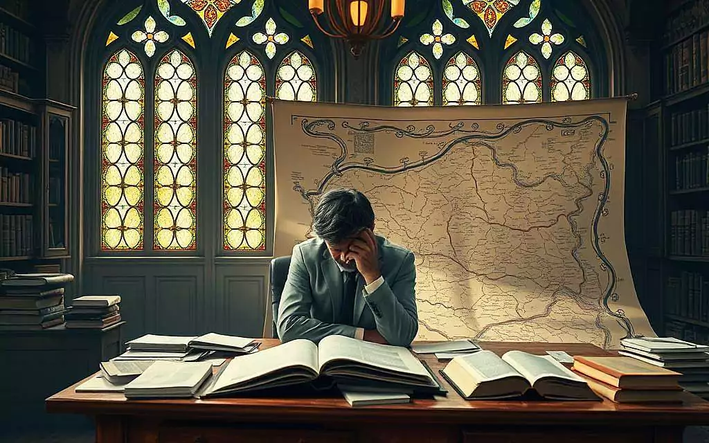 A serene and contemplative scene that illustrates the concept of "übersetzungsproblematik." In the foreground, a thoughtful scholar, dressed in modest, professional attire, sits at a wooden desk littered with open books and scattered papers, deep in contemplation about translation challenges. The middle ground reveals a large, intricate map of ancient texts, symbolizing the journey of translating Rumi's poetry, with ethereal, flowing calligraphy around the edges. The background features a soft, warm light filtering through ornate stained glass windows, casting colorful reflections that evoke a spiritual ambiance. The mood should be introspective and scholarly, highlighting the beauty and complexity of language and meaning. Use a soft focus lens to enhance the dreamlike quality of the scene.