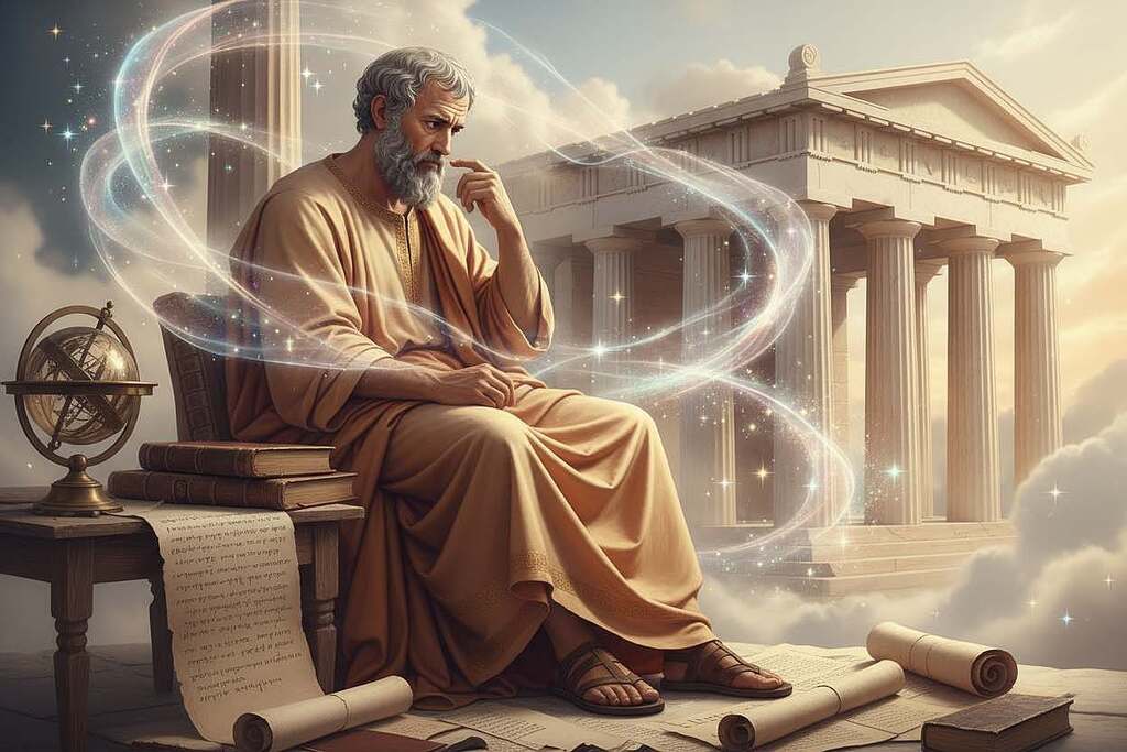 A serene and contemplative study of "Aether in Philosophy," featuring an ancient philosopher such as Aristotle in the foreground, engaging in deep thought. He is dressed in traditional scholarly robes, surrounded by scrolls and philosophical texts. In the middle ground, ethereal wisps of light represent the concept of aether, gently swirling and blending with elements of nature like soft clouds and vibrant stars that suggest a cosmic connection. The background features a classical architecture reminiscent of ancient Greece, with soft golden light streaming down, creating a warm, inviting atmosphere. The scene is illuminated with a gentle, diffused light to evoke a sense of mystery and wisdom, with a lens angle that slightly elevates the viewer's perspective, inviting them to ponder the philosophical depths of the subject.