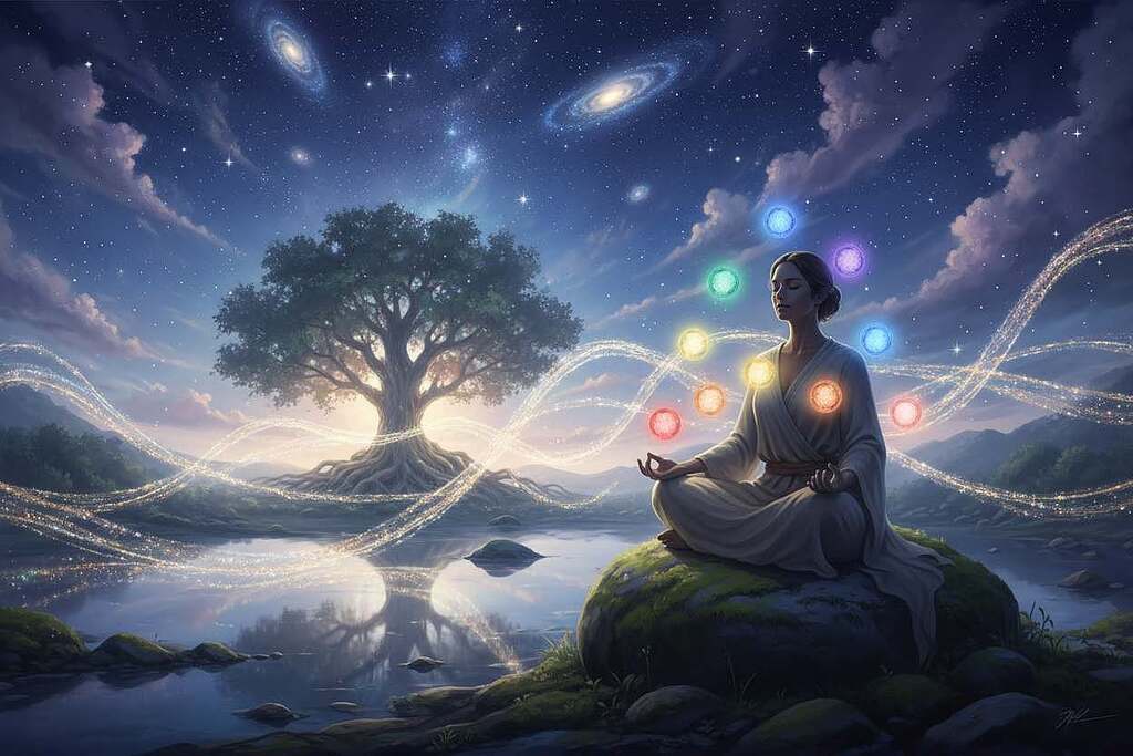 A serene and ethereal landscape depicting the concept of "Äther und Chakren." In the foreground, a calm figure is meditating in a relaxed, yet focused posture, dressed in simple, elegant, modest clothing. Their silhouette is surrounded by vibrant, glowing chakras, each representing a different energy center with distinct colors: red, orange, yellow, green, blue, indigo, and violet. The middle ground features flowing streams of radiant energy connecting the chakras and emanating a soft, pulsating light, symbolizing the essence of the ether. In the background, a cosmic night sky filled with twinkling stars and gentle wisps of clouds enhances the otherworldly atmosphere, bathed in a soft, mystical glow. Use soft lighting and a slightly low angle to create depth and an immersive experience. The overall mood should invoke tranquility and spiritual harmony.