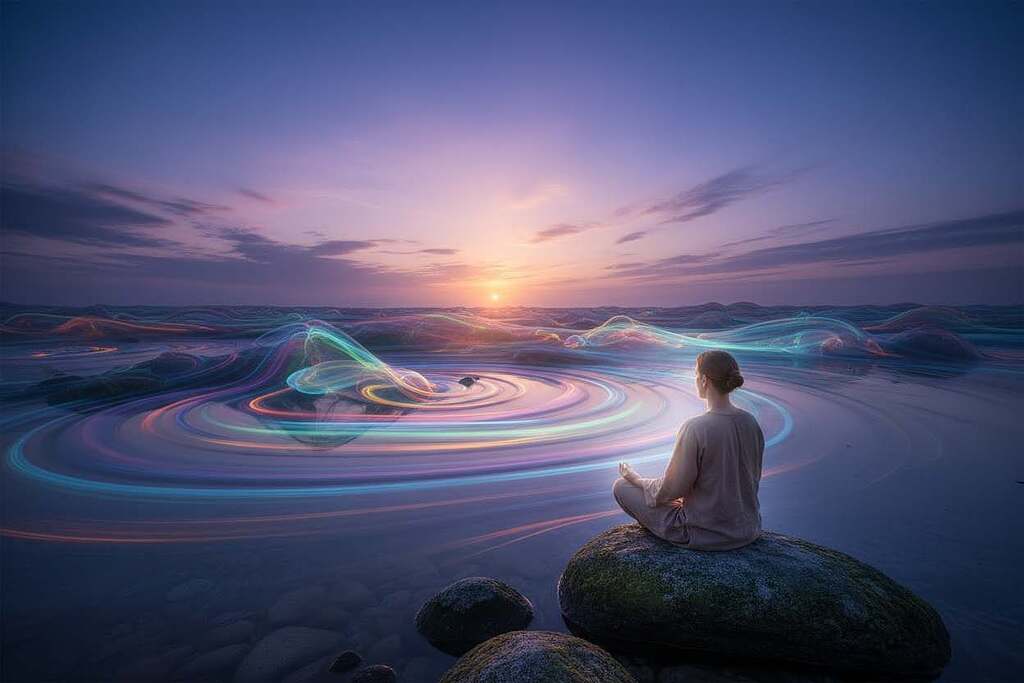 A serene and ethereal landscape depicting the concept of "Äther und Meditation." In the foreground, a figure dressed in modest casual clothing, sitting cross-legged in deep meditation, radiating a soft, glowing light. The middle ground features gentle waves of colorful energy, swirling in harmonious patterns, symbolizing the flow of subtle energies. In the background, a calming sky transitions into twilight hues—blues, purples, and soft pink—suggesting a connection to higher consciousness. Delicate wisps of clouds drift, illuminated by a warm, ethereal light emanating from the horizon. The atmosphere is tranquil and introspective, designed to evoke a sense of peace and spiritual awakening. The scene is softly lit, enhancing the mystical quality, shot from a slightly elevated angle to capture the expansiveness of the setting.