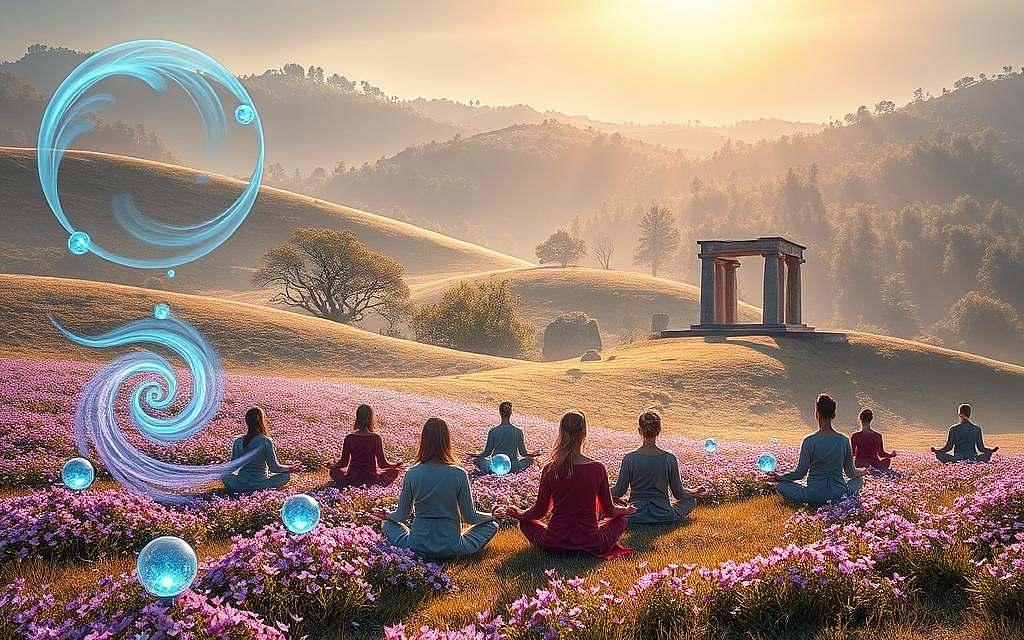 A serene and ethereal landscape illustrating "Spiritual Senses and Transcendence." In the foreground, a diverse group of individuals dressed in modest, flowing garments, meditating in various poses with their eyes closed, surrounded by vibrant, glowing orbs representing different senses. The middle ground features gentle hills adorned with glowing wildflowers, swirling colors of blue and purple intertwining. In the background, a soft, radiant light filters through a shimmering forest, casting dappled sunlight on an ancient stone altar, symbolizing connection to higher realms. Soft, golden rays create a tranquil atmosphere, emphasizing peace and reverence. Use an expansive, cinematic lens perspective to capture the depth of the scene, evoking feelings of introspection and enlightenment. A serene and ethereal landscape illustrating "Spiritual Senses and Transcendence." In the foreground, a diverse group of individuals dressed in modest, flowing garments, meditating in various poses with their eyes closed, surrounded by vibrant, glowing orbs representing different senses. The middle ground features gentle hills adorned with glowing wildflowers, swirling colors of blue and purple intertwining. In the background, a soft, radiant light filters through a shimmering forest, casting dappled sunlight on an ancient stone altar, symbolizing connection to higher realms. Soft, golden rays create a tranquil atmosphere, emphasizing peace and reverence. Use an expansive, cinematic lens perspective to capture the depth of the scene, evoking feelings of introspection and enlightenment.