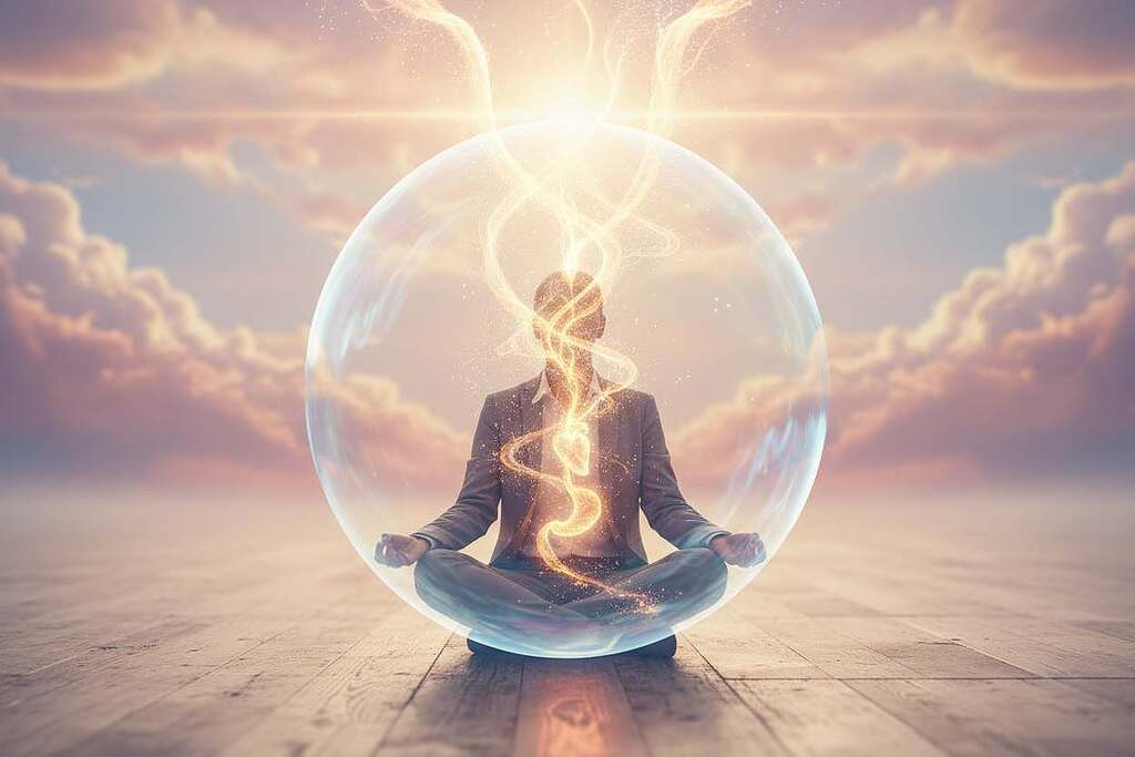 A serene and ethereal scene depicting the concept of 'Ether and psychosomatic connections'. In the foreground, a person in professional attire is meditating, surrounded by a glowing, translucent energy field representing the Ether. In the middle, intertwining streams of light and energy gracefully spiral between the person’s mind and body, illustrating the link between body and spirit. The background features a dreamlike landscape with soft, flowing clouds and a radiant light source that symbolizes enlightenment and understanding. The image should have a warm and calming color palette, with soft lighting that creates a tranquil atmosphere. Use a shallow depth of field to focus on the person while gently blurring the background for an otherworldly effect.