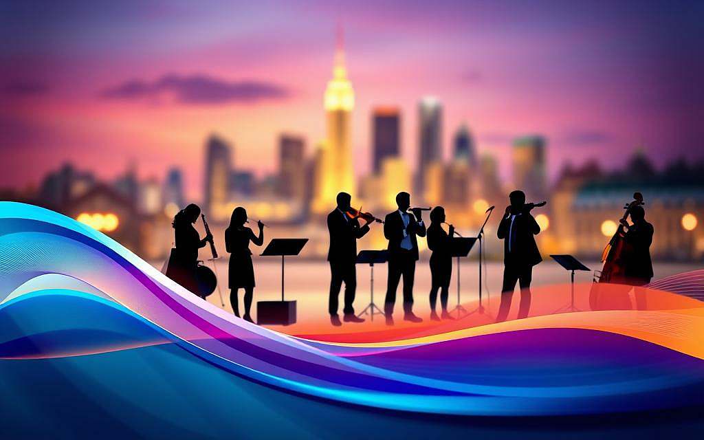 A serene and harmonious scene illustrated through abstract visual elements that represent "Klangfarbe und musikalische Wahrnehmung." In the foreground, a graceful, soft-edged wave of colorful sound frequencies radiates outward, blending rich hues of blue, purple, and gold. In the middle, silhouettes of diverse musicians in professional attire play various instruments, embodying beauty and creativity. The background features a blurred, luminous cityscape at twilight, symbolizing the dynamic connection between art and urban life. Soft lighting casts a warm glow, enhancing the mood of tranquility and reflection. The overall atmosphere conveys a sense of aesthetic appreciation and harmony in visual form, inviting the viewer to explore the depths of musical perception. A serene and harmonious scene illustrated through abstract visual elements that represent "Klangfarbe und musikalische Wahrnehmung." In the foreground, a graceful, soft-edged wave of colorful sound frequencies radiates outward, blending rich hues of blue, purple, and gold. In the middle, silhouettes of diverse musicians in professional attire play various instruments, embodying beauty and creativity. The background features a blurred, luminous cityscape at twilight, symbolizing the dynamic connection between art and urban life. Soft lighting casts a warm glow, enhancing the mood of tranquility and reflection. The overall atmosphere conveys a sense of aesthetic appreciation and harmony in visual form, inviting the viewer to explore the depths of musical perception.