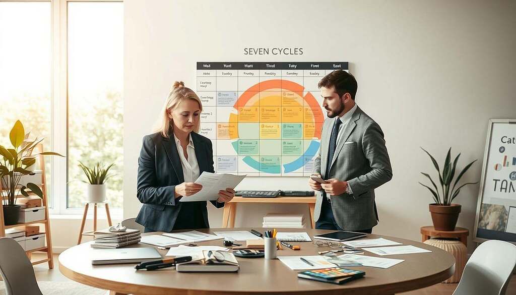 A serene and inspirational workspace depicting the concept of life planning through the Seven Cycles, featuring a round table with a variety of tools and visual aids like charts and diagrams. In the foreground, a middle-aged woman in professional attire thoughtfully examines a document while a man, also dressed in business casual, stands beside her offering insights. In the middle, a large wall calendar displays the seven distinct life phases, symbolically represented with colors and icons to illustrate each cycle. In the background, natural light filters through a large window, creating an optimistic and motivational atmosphere. The overall composition exudes a sense of collaboration, planning, and reflection, inviting the viewer to engage with the concept of life's journey through the lens of the Seven Cycles.