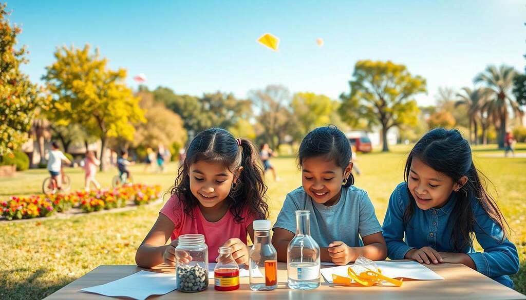 A serene and inspiring scene depicting the journey of youth, focused on a group of diverse children aged 7-14 engaged in various activities that symbolize growth and exploration. In the foreground, three children are seen collaborating on a science project, their expressions reflecting curiosity and enthusiasm. In the middle ground, a larger group is playing in a sun-drenched park, flying kites and riding bikes, surrounded by trees and colorful flowers. The background features a clear blue sky, adding an uplifting atmosphere. Soft, natural lighting highlights the innocence and joy of this developmental stage, while a warm color palette evokes a sense of safety and belonging. The composition suggests a dynamic yet harmonious environment, celebrating the essence of youth and development.