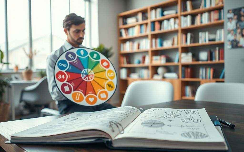 A serene and intellectual atmosphere showcasing the concept of perception psychology. In the foreground, a thoughtful researcher, dressed in professional attire, studies a colorful wheel illustrating the 34 senses, surrounded by vibrant sensory icons like sound waves, light rays, and tactile symbols. In the middle ground, an open journal filled with sketches and diagrams of perception theories lies on a modern desk. The background reveals a softly lit office space, with bookshelves filled with psychology texts, and a large window letting in natural light, creating a warm and inviting environment. Use a close-up angle to emphasize the details, with soft, diffused lighting to enhance the mood of deep contemplation and discovery. A serene and intellectual atmosphere showcasing the concept of perception psychology. In the foreground, a thoughtful researcher, dressed in professional attire, studies a colorful wheel illustrating the 34 senses, surrounded by vibrant sensory icons like sound waves, light rays, and tactile symbols. In the middle ground, an open journal filled with sketches and diagrams of perception theories lies on a modern desk. The background reveals a softly lit office space, with bookshelves filled with psychology texts, and a large window letting in natural light, creating a warm and inviting environment. Use a close-up angle to emphasize the details, with soft, diffused lighting to enhance the mood of deep contemplation and discovery.