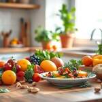 A serene and inviting kitchen setting, showcasing a vibrant array of fresh fruits and vegetables, symbolizing mindful nutrition for ear health. In the foreground, a wooden table is adorned with colorful produce including oranges, berries, leafy greens, and nuts. The middle ground features a well-prepared, healthy dish, elegantly plated, with herbs artistically arranged around it. In the background, soft natural light filters through a window, casting a warm glow across the space, enhancing the atmosphere of health and well-being. A potted plant in a terracotta pot adds a touch of greenery to the background. The overall mood is calm and hopeful, emphasizing the importance of lifestyle and nutrition in promoting ear health.