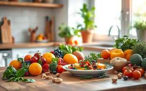 A serene and inviting kitchen setting, showcasing a vibrant array of fresh fruits and vegetables, symbolizing mindful nutrition for ear health. In the foreground, a wooden table is adorned with colorful produce including oranges, berries, leafy greens, and nuts. The middle ground features a well-prepared, healthy dish, elegantly plated, with herbs artistically arranged around it. In the background, soft natural light filters through a window, casting a warm glow across the space, enhancing the atmosphere of health and well-being. A potted plant in a terracotta pot adds a touch of greenery to the background. The overall mood is calm and hopeful, emphasizing the importance of lifestyle and nutrition in promoting ear health.
