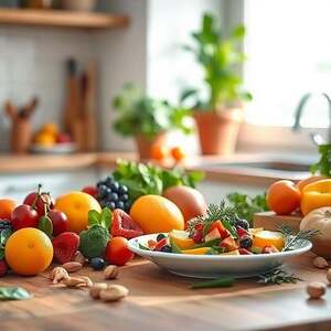 A serene and inviting kitchen setting, showcasing a vibrant array of fresh fruits and vegetables, symbolizing mindful nutrition for ear health. In the foreground, a wooden table is adorned with colorful produce including oranges, berries, leafy greens, and nuts. The middle ground features a well-prepared, healthy dish, elegantly plated, with herbs artistically arranged around it. In the background, soft natural light filters through a window, casting a warm glow across the space, enhancing the atmosphere of health and well-being. A potted plant in a terracotta pot adds a touch of greenery to the background. The overall mood is calm and hopeful, emphasizing the importance of lifestyle and nutrition in promoting ear health.