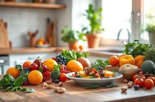A serene and inviting kitchen setting, showcasing a vibrant array of fresh fruits and vegetables, symbolizing mindful nutrition for ear health. In the foreground, a wooden table is adorned with colorful produce including oranges, berries, leafy greens, and nuts. The middle ground features a well-prepared, healthy dish, elegantly plated, with herbs artistically arranged around it. In the background, soft natural light filters through a window, casting a warm glow across the space, enhancing the atmosphere of health and well-being. A potted plant in a terracotta pot adds a touch of greenery to the background. The overall mood is calm and hopeful, emphasizing the importance of lifestyle and nutrition in promoting ear health.