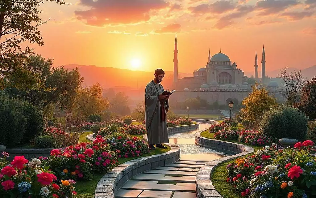A serene and mystical landscape depicting a traditional Persian garden, lush and vibrant with colorful flowers and trees, serving as the foreground. In the center, an elegant Sufi figure dressed in modest traditional attire, engaged in deep contemplation and holding a book of poetry, symbolizing Jalal ad-Din Rumi’s spiritual quest. The middle ground features softly flowing water and arched stone pathways, inviting viewers into the scene. In the background, a distant silhouette of an ancient Persian city, with its domes and minarets, bathed in the warm, golden light of sunset, casting a peaceful glow across the scene. The atmosphere conveys a sense of tranquility and profound spirituality, inviting contemplation and reflection on love and mysticism.