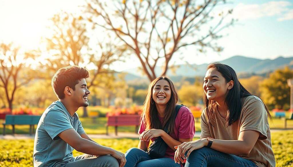 A serene and vibrant scene depicting the theme of adolescence, focusing on a diverse group of three teenagers (caucasian, african descent, and asian) sitting together in a lush, sunlit park during late afternoon. They are engaged in a lively conversation, wearing casual, modest clothing that reflects their unique personalities. In the foreground, a close-up of their animated expressions captures joy and camaraderie. In the middle ground, an array of flowering trees and colorful benches enhances the lively atmosphere. The background features a soft-focus view of distant hills under a clear blue sky, with golden sunlight filtering through the trees. The mood is cheerful, evoking a sense of freedom and exploration typical of adolescence. The image should be well-lit, with a gentle bokeh effect for added depth.