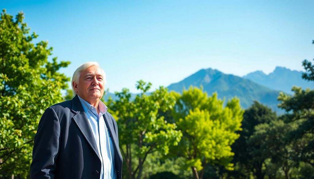 A serene and wise figure stands at the forefront, depicted as a middle-aged individual, dressed in professional yet comfortable business attire, symbolizing the essence of wisdom. Their expression is calm and contemplative, embodying reflection and life experiences. In the mid-ground, lush green trees create a tranquil natural environment, symbolizing growth and maturity, while softly diffused natural light filters through the leaves, casting gentle shadows. The background features a distant mountain range under a clear blue sky, representing the journey of life and the peaks reached through wisdom. The atmosphere is peaceful and enlightening, inviting viewers to contemplate the beauty of life's seventh cycle, emphasizing the theme of wisdom during ages 42 to 49.