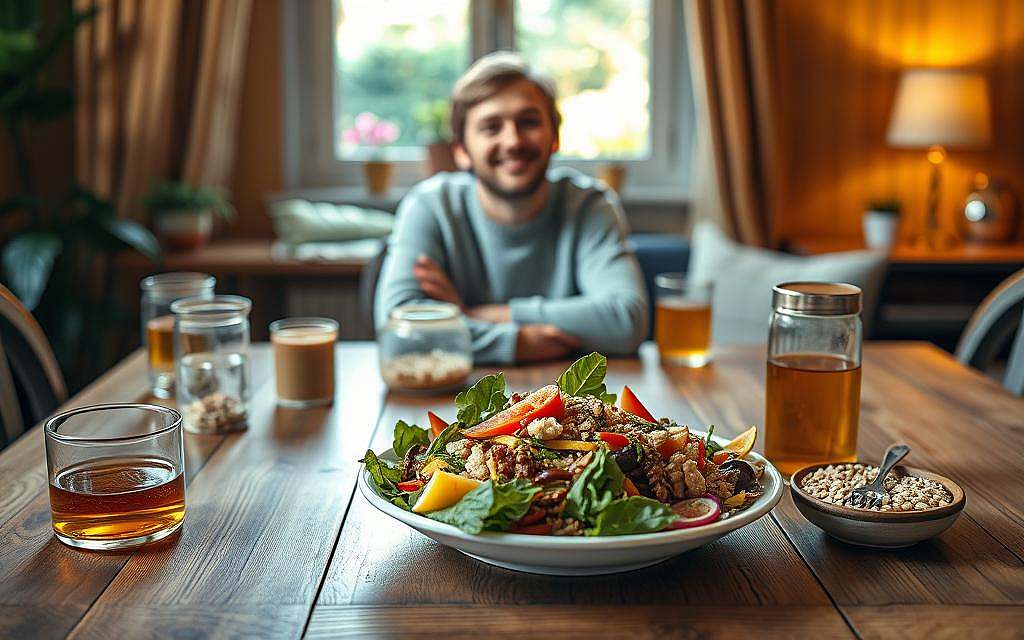 A serene dining scene illustrating the concept of "parasympathikus aktivierung durch langsames essen". In the foreground, a beautifully arranged wooden table featuring a slow, mindful meal: a colorful salad, whole grains, and herbal tea, emphasizing fresh ingredients and vibrant colors. A pair of hands gently holding a fork, showcasing the act of savoring each bite. In the middle ground, a calm individual in modest casual clothing, smiling softly, seated at the table with a peaceful expression, embodying relaxation and mindfulness. The background features warm, soft lighting that creates an inviting atmosphere, with a window showing a tranquil garden. The overall mood is one of serenity and health, invoking feelings of balance and well-being. A serene dining scene illustrating the concept of "parasympathikus aktivierung durch langsames essen". In the foreground, a beautifully arranged wooden table featuring a slow, mindful meal: a colorful salad, whole grains, and herbal tea, emphasizing fresh ingredients and vibrant colors. A pair of hands gently holding a fork, showcasing the act of savoring each bite. In the middle ground, a calm individual in modest casual clothing, smiling softly, seated at the table with a peaceful expression, embodying relaxation and mindfulness. The background features warm, soft lighting that creates an inviting atmosphere, with a window showing a tranquil garden. The overall mood is one of serenity and health, invoking feelings of balance and well-being.