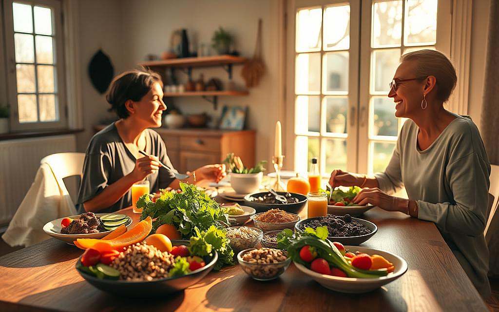 A serene dining scene set in a cozy, sunlit kitchen, where a diverse group of three people savor a colorful, beautifully plated meal. In the foreground, a table adorned with fresh vegetables, whole grains, and vibrant fruits, symbolizing health and vitality. The middle ground showcases the individuals, dressed in modest casual clothing, joyfully engaging in conversation while taking their time to eat, expressing enjoyment and mindfulness. The background features large windows letting in warm, natural light, enhancing the atmosphere of tranquility and relaxation. Soft shadows cast by the golden sunlight create a warm and inviting mood, emphasizing the theme of regeneration and recovery through the art of slow eating. Capture the essence of nurturing the body and soul. A serene dining scene set in a cozy, sunlit kitchen, where a diverse group of three people savor a colorful, beautifully plated meal. In the foreground, a table adorned with fresh vegetables, whole grains, and vibrant fruits, symbolizing health and vitality. The middle ground showcases the individuals, dressed in modest casual clothing, joyfully engaging in conversation while taking their time to eat, expressing enjoyment and mindfulness. The background features large windows letting in warm, natural light, enhancing the atmosphere of tranquility and relaxation. Soft shadows cast by the golden sunlight create a warm and inviting mood, emphasizing the theme of regeneration and recovery through the art of slow eating. Capture the essence of nurturing the body and soul.