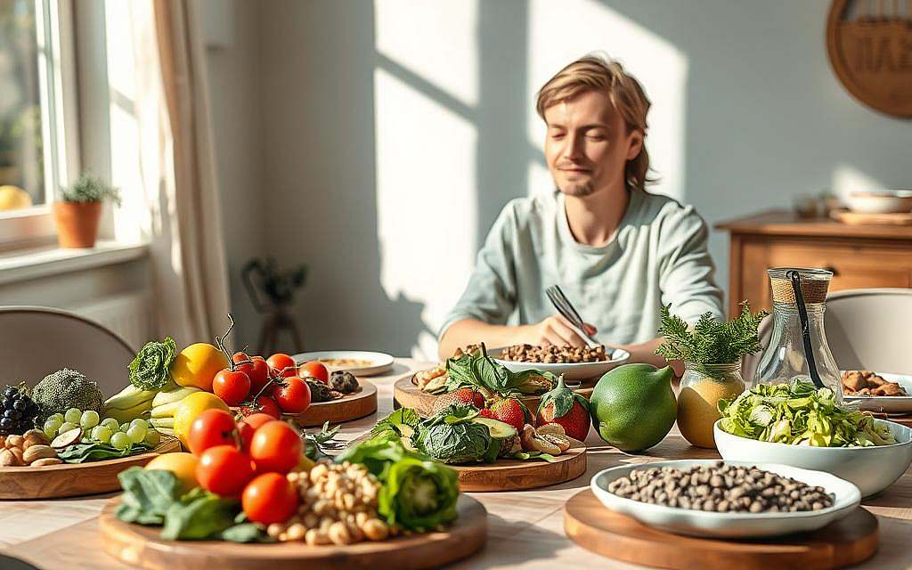 A serene dining scene that embodies "Nährstoffaufnahme durch bewusstes Essen." In the foreground, a beautifully arranged table with an array of colorful, fresh, and organic foods such as vibrant fruits, leafy greens, grains, and nuts. A person in modest casual clothing sits at the table, savoring the meal mindfully, with a focused and content expression, holding a fork delicately. The middle ground features wooden serving platters and elegant tableware, enhancing the appeal of the food. In the background, soft, natural light streams through a window, creating a warm and inviting atmosphere, with gentle shadows playing on the table. The mood is peaceful and reflective, emphasizing the importance of slow, intentional eating for optimal nutrient absorption. A serene dining scene that embodies "Nährstoffaufnahme durch bewusstes Essen." In the foreground, a beautifully arranged table with an array of colorful, fresh, and organic foods such as vibrant fruits, leafy greens, grains, and nuts. A person in modest casual clothing sits at the table, savoring the meal mindfully, with a focused and content expression, holding a fork delicately. The middle ground features wooden serving platters and elegant tableware, enhancing the appeal of the food. In the background, soft, natural light streams through a window, creating a warm and inviting atmosphere, with gentle shadows playing on the table. The mood is peaceful and reflective, emphasizing the importance of slow, intentional eating for optimal nutrient absorption.