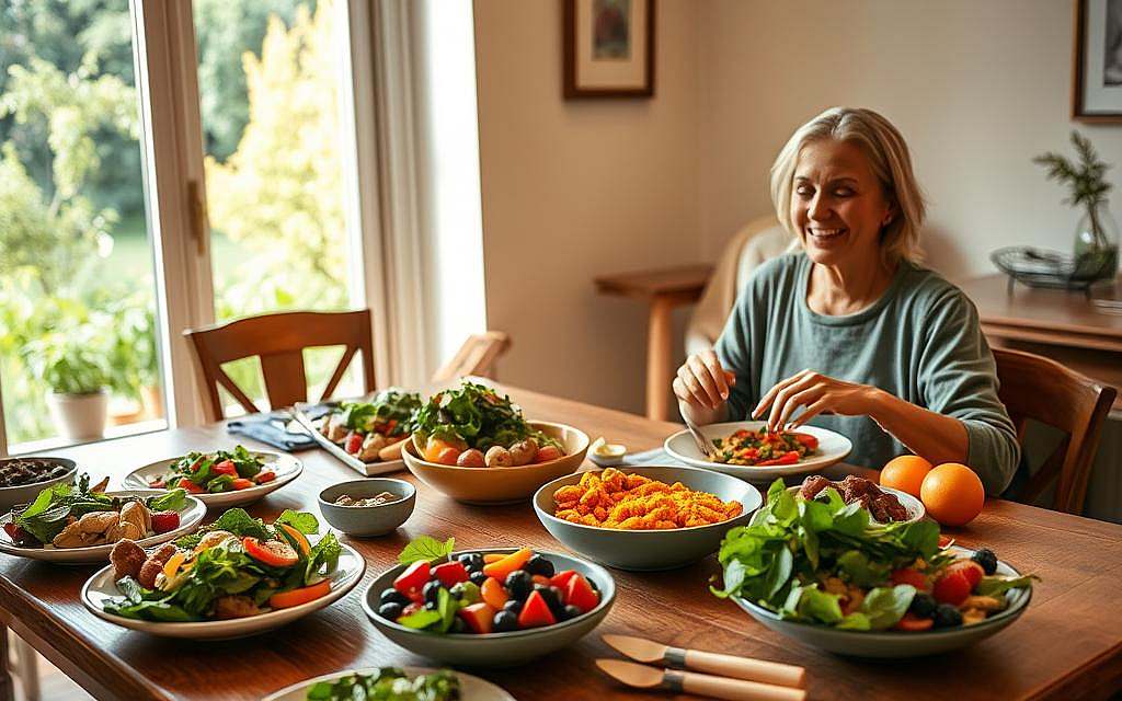 A serene dining setting featuring a beautifully arranged table with an assortment of colorful, healthy dishes emphasizing anti-inflammatory ingredients, such as turmeric, ginger, leafy greens, and berries. In the foreground, a couple in modest casual clothing, enjoying a slow meal, displaying expressions of joy and mindfulness. The middle ground captures the warm natural light filtering through a large window, casting soft shadows and highlighting the vibrant colors of the food. The background subtly features a lush garden visible through the window, creating an inviting and tranquil atmosphere. The scene conveys a sense of relaxation and wellness, emphasizing the calming effects of slow eating on health and digestion. A serene dining setting featuring a beautifully arranged table with an assortment of colorful, healthy dishes emphasizing anti-inflammatory ingredients, such as turmeric, ginger, leafy greens, and berries. In the foreground, a couple in modest casual clothing, enjoying a slow meal, displaying expressions of joy and mindfulness. The middle ground captures the warm natural light filtering through a large window, casting soft shadows and highlighting the vibrant colors of the food. The background subtly features a lush garden visible through the window, creating an inviting and tranquil atmosphere. The scene conveys a sense of relaxation and wellness, emphasizing the calming effects of slow eating on health and digestion.