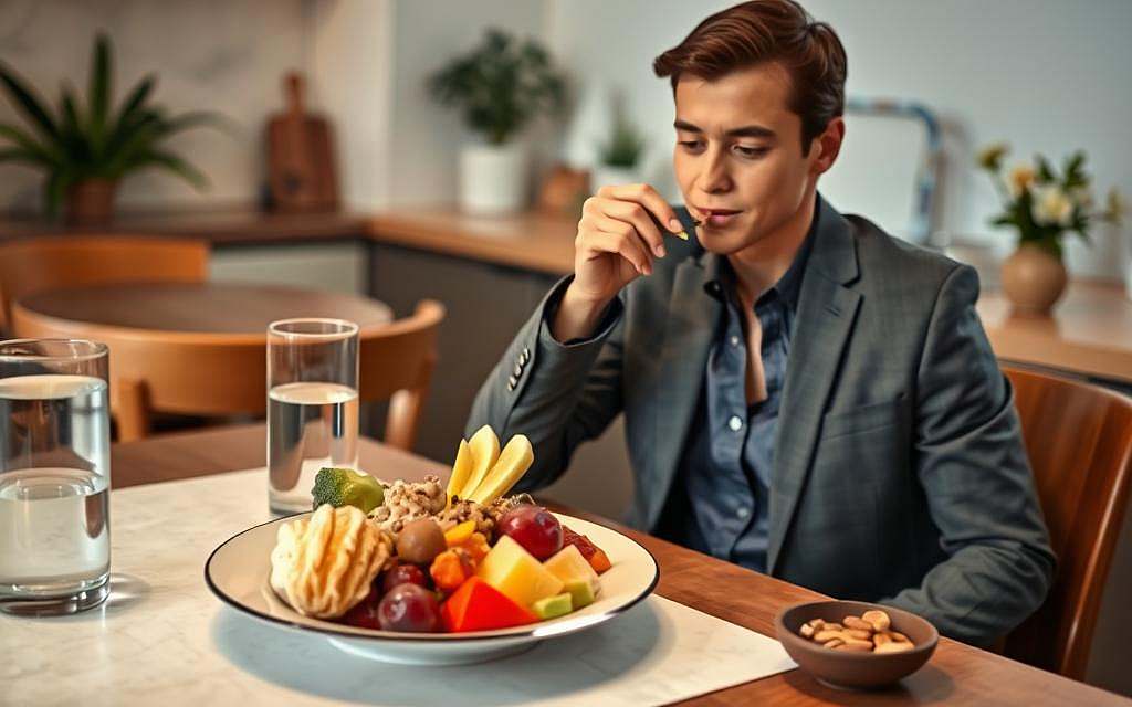 A serene dining setting featuring a table with an elegant, well-arranged plate of colorful, healthy foods, such as fresh fruits, vegetables, and whole grains, symbolizing mindful eating. In the foreground, a person dressed in professional casual attire is savoring a bite, with a calm expression, emphasizing the art of slow eating. The middle ground shows a glass of water and a small bowl of nuts, reinforcing healthy choices. Soft, warm lighting illuminates the scene, creating a cozy atmosphere. In the background, there are hints of a tranquil kitchen space with gentle plants and soft-focus kitchenware, enhancing the theme of health and mindfulness in dining. The overall mood is peaceful and inviting, inspiring readers to embrace the practice of slow eating for better blood sugar management. A serene dining setting featuring a table with an elegant, well-arranged plate of colorful, healthy foods, such as fresh fruits, vegetables, and whole grains, symbolizing mindful eating. In the foreground, a person dressed in professional casual attire is savoring a bite, with a calm expression, emphasizing the art of slow eating. The middle ground shows a glass of water and a small bowl of nuts, reinforcing healthy choices. Soft, warm lighting illuminates the scene, creating a cozy atmosphere. In the background, there are hints of a tranquil kitchen space with gentle plants and soft-focus kitchenware, enhancing the theme of health and mindfulness in dining. The overall mood is peaceful and inviting, inspiring readers to embrace the practice of slow eating for better blood sugar management.