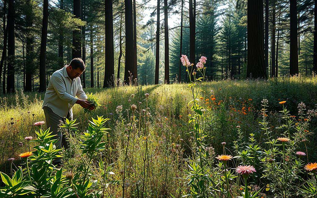 A serene forest scene depicting the ethical gathering of wild herbs. In the foreground, a person dressed in modest casual clothing gently collects vibrant green herbs, showcasing a respectful approach to nature. The middle ground features a diverse array of lush, aromatic plants, interspersed with wildflowers, creating a rich tapestry of color and life. In the background, towering trees filter soft, dappled sunlight, casting gentle shadows on the forest floor. The atmosphere is tranquil, evoking a sense of harmony and connection with nature. Capture this scene with a warm, natural lighting, using a slightly tilted angle to emphasize the richness of the flora and the ethical practice of foraging. A serene forest scene depicting the ethical gathering of wild herbs. In the foreground, a person dressed in modest casual clothing gently collects vibrant green herbs, showcasing a respectful approach to nature. The middle ground features a diverse array of lush, aromatic plants, interspersed with wildflowers, creating a rich tapestry of color and life. In the background, towering trees filter soft, dappled sunlight, casting gentle shadows on the forest floor. The atmosphere is tranquil, evoking a sense of harmony and connection with nature. Capture this scene with a warm, natural lighting, using a slightly tilted angle to emphasize the richness of the flora and the ethical practice of foraging.