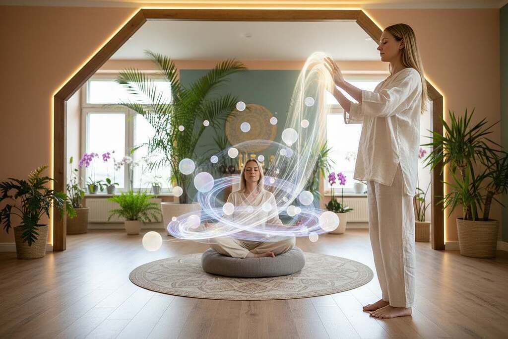 A serene healing space that embodies the concept of "Ätherische Heilung." In the foreground, a professional healer in modest casual clothing is practicing energy work with glowing hands raised, channeling ethereal light. The middle ground features a meditative figure seated cross-legged on a soft mat, surrounded by swirling, translucent energies and gentle orbs of light, representing the flow of subtle energies. The background showcases a tranquil setting with soft pastel colors, lush plants, and ambient lighting that casts a warm glow, creating a calming atmosphere. A sense of harmony and peace emanates from the scene, evoking a spiritual connection to the etheric realm. The image should be shot with a soft focus, utilizing natural light and a wide-angle lens to enhance the feeling of expansiveness and tranquility.