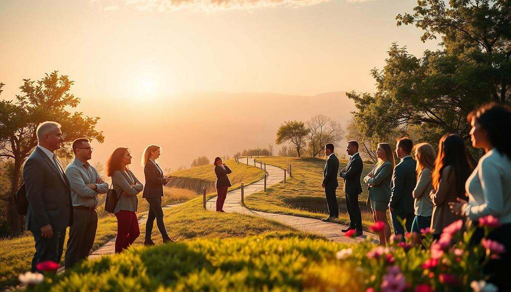 A serene landscape representing personal development, foreground features a diverse group of individuals in professional business attire, engaged in meaningful discussions and activities that signify growth and transformation. In the middle, a winding path symbolizes the journey of the seven cycles, leading toward a horizon filled with soft, warm sunlight, suggesting hope and opportunities. The background showcases lush trees and vibrant flowers, representing nature’s cycles and the beauty of progression. The lighting is bright and uplifting, creating an atmosphere of positivity and motivation. The camera angle is slightly elevated, providing an expansive view that invokes a sense of exploration and potential. The overall mood is inspiring, encouraging viewers to reflect on their own personal journeys through the cycles of life.