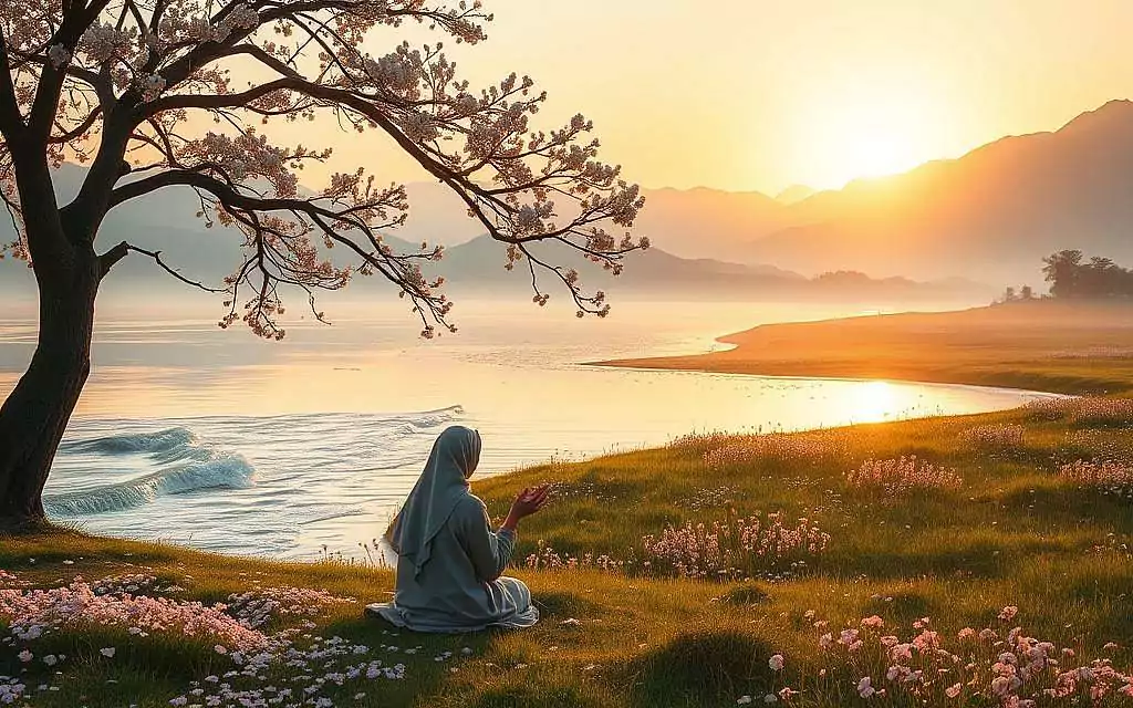 A serene landscape that embodies a universal message of love and spirituality, inspired by the poetry of Jalal ad-Din Rumi. In the foreground, a serene figure in modest attire, deeply contemplative, sits beneath a blossoming tree, surrounded by petals that symbolize interconnectedness. In the middle ground, flowing waters reflect golden and soft pastels of dawn, where gentle waves meet the banks of a lush, green meadow filled with wildflowers representing unity across cultures. The background features soft, ethereal mountains under a radiant sky transitioning from twilight to dawn, symbolizing awakening. The atmosphere is tranquil, infused with a warm, diffused light that highlights the themes of peace and understanding, creating an inviting and reflective mood.