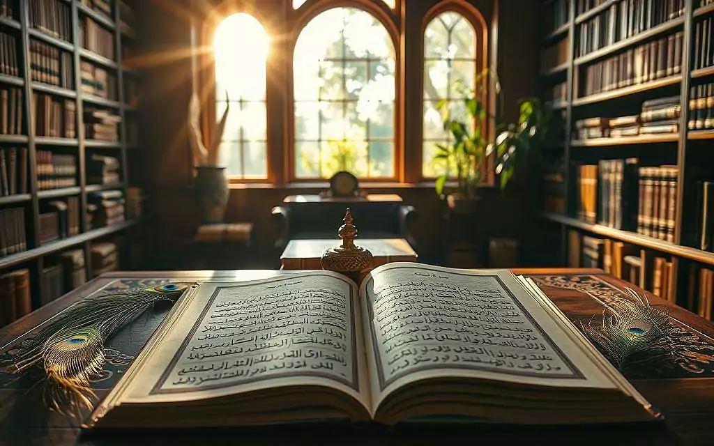 A serene library setting featuring an open manuscript of Rumi's "Masnavi" on an ornate wooden table. In the foreground, a soft, warm light illuminates the delicate pages, revealing intricate Persian calligraphy. Surrounding the manuscript, a few peacock feathers and a small, intricately designed inkpot add cultural richness. In the middle, shelves lined with ancient books and scrolls create a scholarly atmosphere, while gentle rays of golden sunlight filter through a large window, casting soft shadows. In the background, lush greenery is subtly visible through the window, symbolizing the connection between nature and spirituality. The overall mood evokes contemplation and tranquility, inviting the viewer to reflect on the profound depth of Rumi's poetry.