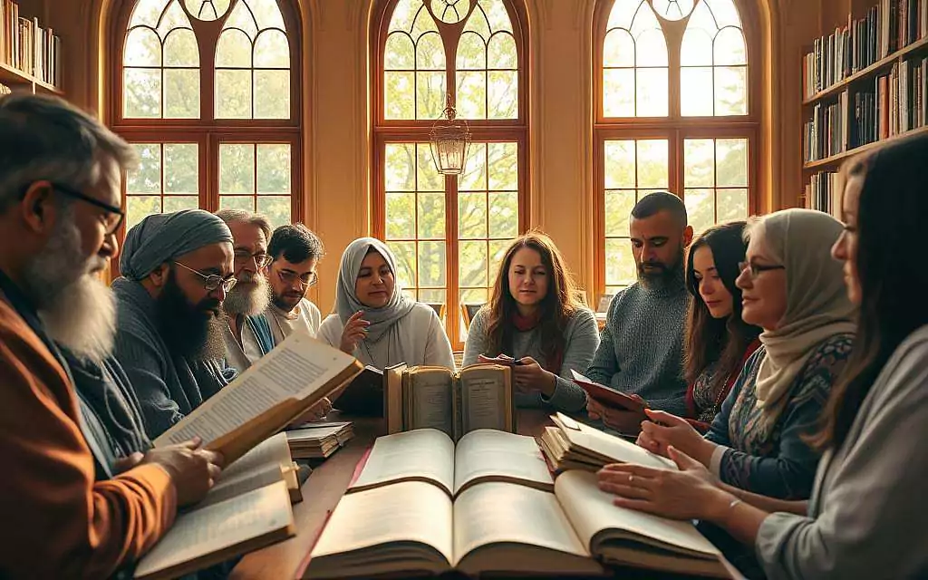 A serene library setting filled with warm, golden light streaming through large windows. In the foreground, a diverse group of individuals—men and women of various ethnicities—are engaged in deep conversation, surrounded by open books and scrolls, symbolizing the influence of Rumi on Western literature. In the middle ground, a beautiful shelf displays classic Western literary works alongside Rumi's poetry, symbolizing the fusion of cultures. In the background, lush green trees can be seen through the windows, representing nature, a central theme in Rumi’s work. The atmosphere is contemplative and inspiring, with soft, ambient lighting emphasizing the warmth and connection among the people. The lens used creates a slightly blurred effect on the background, drawing focus to the lively discussions in the foreground.