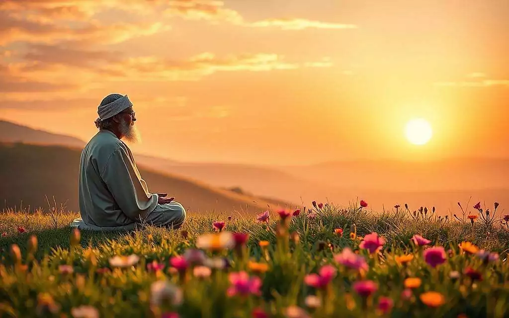A serene scene depicting the essence of Rumi's inner transformation, featuring a contemplative, middle-aged poet sitting cross-legged on a lush, green hillside. The foreground showcases Rumi in modest, flowing robes, deep in meditation, with a soft glow surrounding him to represent enlightenment. In the middle ground, vivid wildflowers bloom in various hues, symbolizing the beauty of the soul's journey. The background features a gentle sunset casting warm golden light across rolling hills, creating an ethereal atmosphere. The sky is painted with soft, wispy clouds in shades of pink and orange. The overall mood is tranquil and reflective, evoking a sense of peace and spiritual awakening, captured with a soft-focus lens to enhance the dreamlike quality.