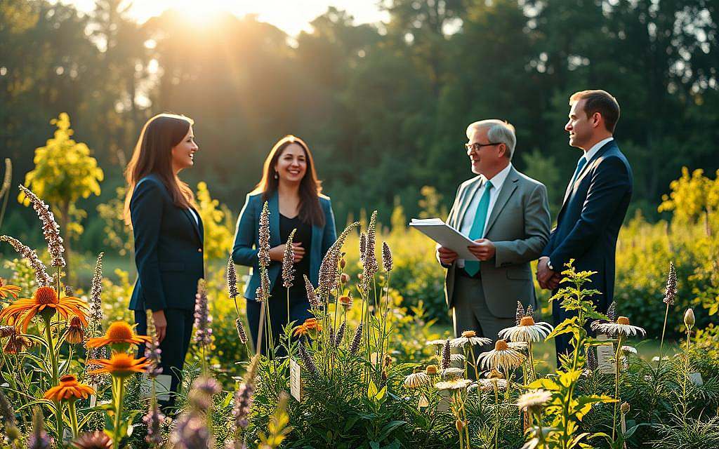 A serene, sunlit herbal garden in the foreground, bursting with vibrant medicinal plants such as echinacea, lavender, and chamomile, each labeled with elegant tags. In the middle ground, a diverse group of four professionals in business attire—two women and two men—are engaged in animated discussion, with one woman holding a clipboard filled with notes. Behind them, a lush forest serves as the backdrop, with soft sunlight filtering through the trees, creating a peaceful and inspiring atmosphere. The overall scene conveys harmony between nature and modern knowledge, emphasizing the renaissance of natural medicine in the 21st century. The lighting is warm and inviting, mimicking the golden hour, captured with a slight depth of field to focus on the group while softly blurring the background. A serene, sunlit herbal garden in the foreground, bursting with vibrant medicinal plants such as echinacea, lavender, and chamomile, each labeled with elegant tags. In the middle ground, a diverse group of four professionals in business attire—two women and two men—are engaged in animated discussion, with one woman holding a clipboard filled with notes. Behind them, a lush forest serves as the backdrop, with soft sunlight filtering through the trees, creating a peaceful and inspiring atmosphere. The overall scene conveys harmony between nature and modern knowledge, emphasizing the renaissance of natural medicine in the 21st century. The lighting is warm and inviting, mimicking the golden hour, captured with a slight depth of field to focus on the group while softly blurring the background.