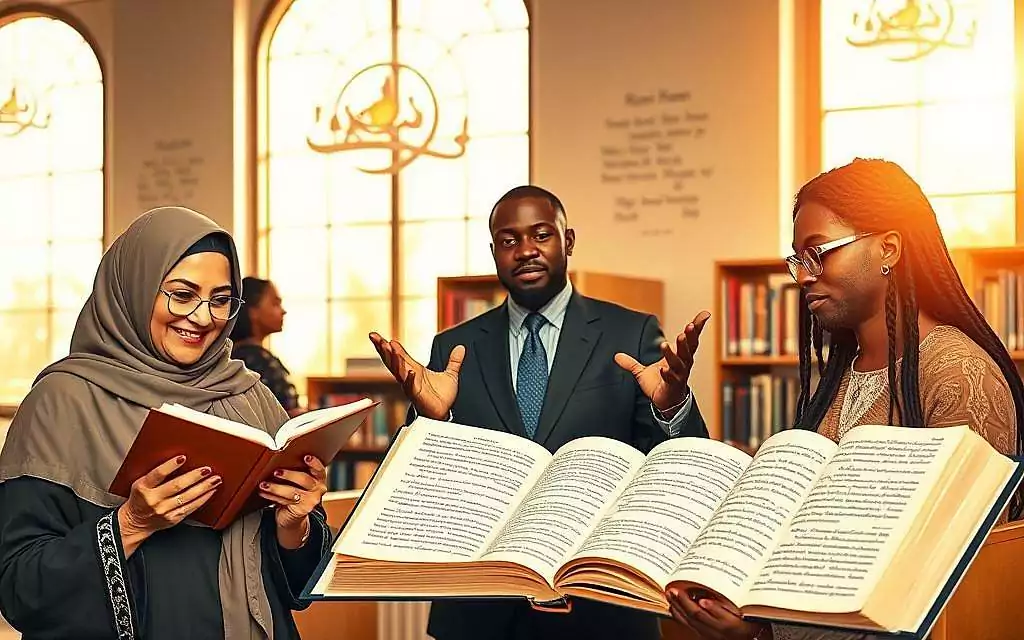 A serene, welcoming library setting showcasing a diverse group of individuals deeply engaged in reading Rumi's poetry. In the foreground, a middle-aged woman of Middle Eastern descent, dressed in modest attire, is absorbed in a book, her expression reflecting contemplation and joy. Beside her, a young Black man in professional business attire gestures animatedly to an open book that reveals beautiful calligraphy. In the middle, a shelf filled with various translations of Rumi’s works, elegantly arranged. The background features large windows allowing warm, golden light to fill the space, casting soft shadows and creating an inviting atmosphere. Subtle spiritual symbols, like whirling dervishes and poetic verses, are faintly etched on the walls, enhancing the cultural richness of the setting. The overall mood is one of connection, diversity, and the universal appeal of Rumi's wisdom.