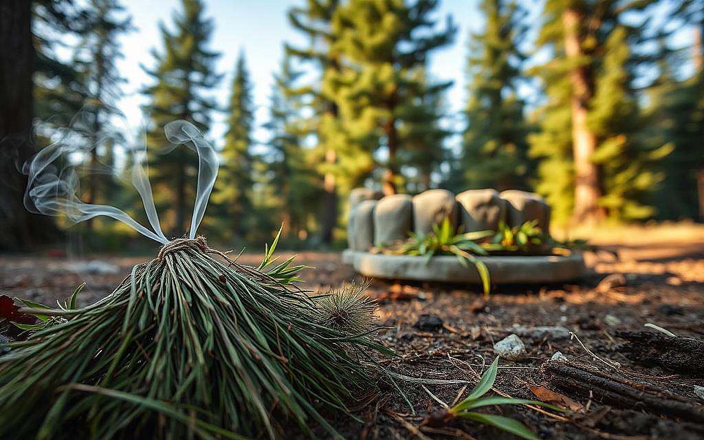 A serene woodland scene depicting the ritual of smoking with Mugwort (Artemisia vulgaris). In the foreground, focus on a carefully arranged bundle of dried Mugwort tied with natural twine, with wisps of smoke curling gracefully upwards. Surround it with a scattering of fresh Freya-grass, its bright green blades adding vibrancy. In the middle ground, an ancient stone altar is adorned with seasonal herbs and forest foliage, bathed in a soft, golden light filtering through the trees. The background features tall, lush evergreens stretching towards a clear blue sky, creating a tranquil atmosphere. Capture the image with a close-up lens, emphasizing texture and detail, while maintaining an ethereal glow to evoke ancient rituals connected to nature. A serene woodland scene depicting the ritual of smoking with Mugwort (Artemisia vulgaris). In the foreground, focus on a carefully arranged bundle of dried Mugwort tied with natural twine, with wisps of smoke curling gracefully upwards. Surround it with a scattering of fresh Freya-grass, its bright green blades adding vibrancy. In the middle ground, an ancient stone altar is adorned with seasonal herbs and forest foliage, bathed in a soft, golden light filtering through the trees. The background features tall, lush evergreens stretching towards a clear blue sky, creating a tranquil atmosphere. Capture the image with a close-up lens, emphasizing texture and detail, while maintaining an ethereal glow to evoke ancient rituals connected to nature.