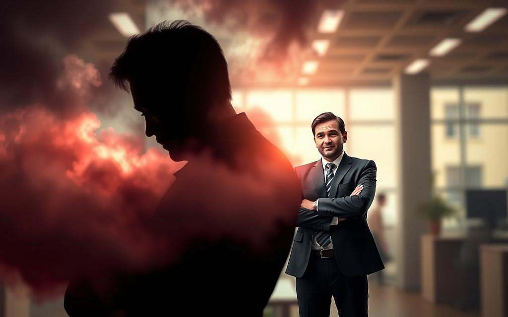 A shadowy figure representing the "inner critic," partially obscured by swirling clouds of gray and red, looms in the foreground, its features exaggerated to convey a sense of judgment and negativity. In the middle ground, a confident person dressed in professional business attire stands tall, arms crossed, embodying self-assurance and resilience. Soft rays of light break through the clouds, casting a warm glow on the figure in the middle, creating a stark contrast with the dark critic. The background features a blurred office setting, symbolizing the professional environment where inner critic management occurs. The mood is tense yet hopeful, emphasizing the struggle and triumph over self-doubt, with cinematic lighting and a slight tilt angle to enhance the drama. A shadowy figure representing the "inner critic," partially obscured by swirling clouds of gray and red, looms in the foreground, its features exaggerated to convey a sense of judgment and negativity. In the middle ground, a confident person dressed in professional business attire stands tall, arms crossed, embodying self-assurance and resilience. Soft rays of light break through the clouds, casting a warm glow on the figure in the middle, creating a stark contrast with the dark critic. The background features a blurred office setting, symbolizing the professional environment where inner critic management occurs. The mood is tense yet hopeful, emphasizing the struggle and triumph over self-doubt, with cinematic lighting and a slight tilt angle to enhance the drama.
