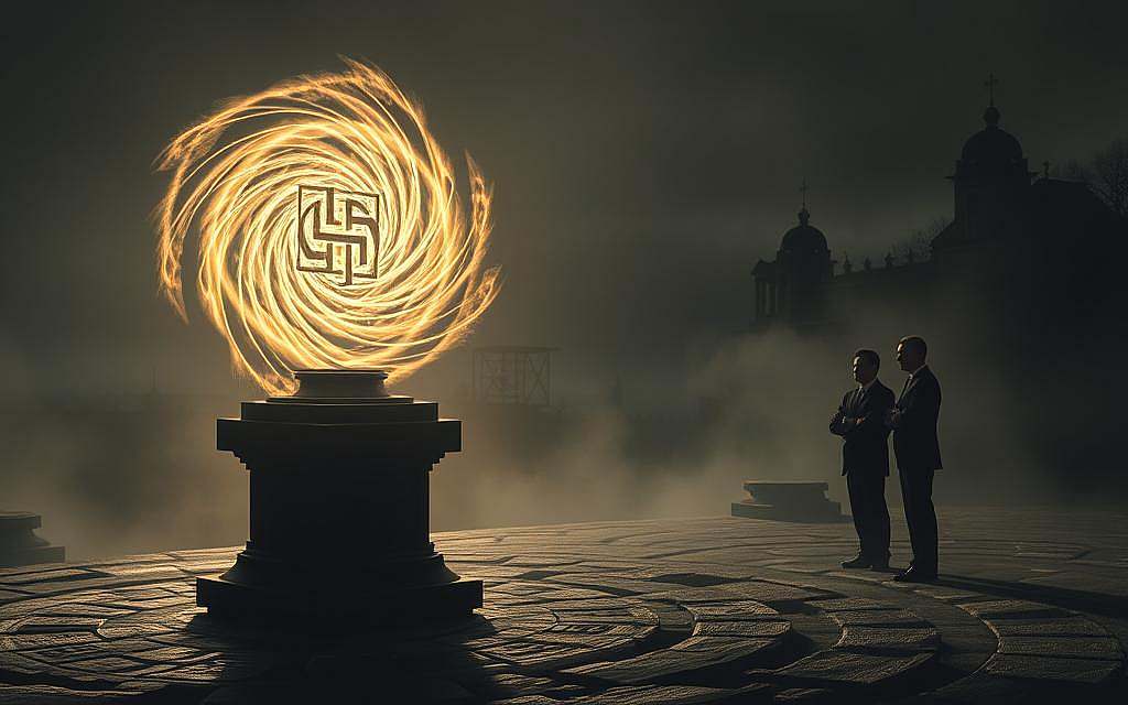 A somber and atmospheric scene depicting an ancient, mysterious power symbolized by an intricate, swirling vortex of energy emanating from an ornate, stone pedestal. In the foreground, subtle geometric patterns and runes suggest a connection to ancient wisdom, bathed in dim, ethereal light. The middle ground features shadowy figures in professional business attire, engaged in serious discussion, silhouetted against the glow of the vortex, emphasizing their concentrated expressions and gestures. The background is a dark, foreboding landscape, with hints of Nazi-era architecture partially obscured by mist and fog, creating a sense of foreboding and mystery. The lighting is chiaroscuro, with sharp contrasts between light and shadow, evoking a mood of intrigue and critical reflection on esoteric influences. The image should draw the viewer into the contemplation of hidden historical narratives. A somber and atmospheric scene depicting an ancient, mysterious power symbolized by an intricate, swirling vortex of energy emanating from an ornate, stone pedestal. In the foreground, subtle geometric patterns and runes suggest a connection to ancient wisdom, bathed in dim, ethereal light. The middle ground features shadowy figures in professional business attire, engaged in serious discussion, silhouetted against the glow of the vortex, emphasizing their concentrated expressions and gestures. The background is a dark, foreboding landscape, with hints of Nazi-era architecture partially obscured by mist and fog, creating a sense of foreboding and mystery. The lighting is chiaroscuro, with sharp contrasts between light and shadow, evoking a mood of intrigue and critical reflection on esoteric influences. The image should draw the viewer into the contemplation of hidden historical narratives.