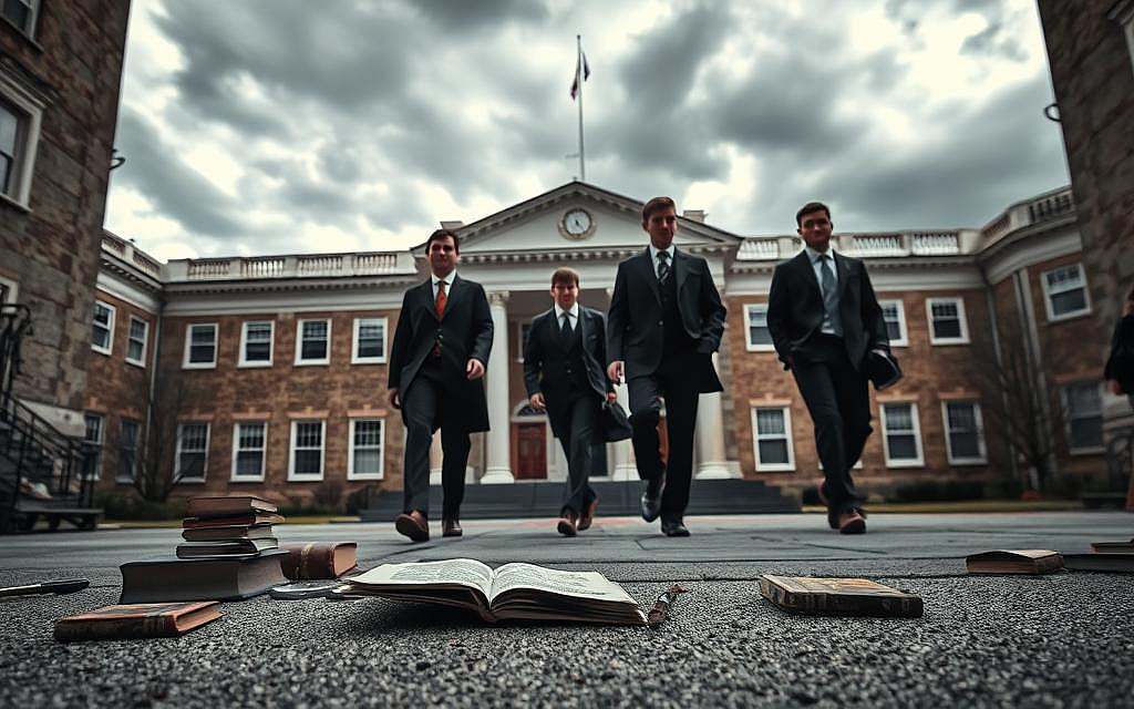 A somber historical scene depicting a once-vibrant medical school now in decline, emphasizing the aftermath of the Flexner Report. Foreground features the weathered entrance of an old medical school building, its imposing architecture contrasting with a few scattered, forlorn medical books and instruments on the ground, hinting at abandoned hope. In the middle, shadowy figures of students in professional business attire walk away, their expressions reflecting concern and confusion, symbolizing the mass exodus from traditional medical training. The background displays a gloomy sky with dark clouds, casting dim light over the scene, enhancing the atmosphere of loss and uncertainty. The angle is slightly low, capturing the gravitas of the moment, with a focus on the contrasting bright facade of the building, representing fading ideals of medical education. A somber historical scene depicting a once-vibrant medical school now in decline, emphasizing the aftermath of the Flexner Report. Foreground features the weathered entrance of an old medical school building, its imposing architecture contrasting with a few scattered, forlorn medical books and instruments on the ground, hinting at abandoned hope. In the middle, shadowy figures of students in professional business attire walk away, their expressions reflecting concern and confusion, symbolizing the mass exodus from traditional medical training. The background displays a gloomy sky with dark clouds, casting dim light over the scene, enhancing the atmosphere of loss and uncertainty. The angle is slightly low, capturing the gravitas of the moment, with a focus on the contrasting bright facade of the building, representing fading ideals of medical education.
