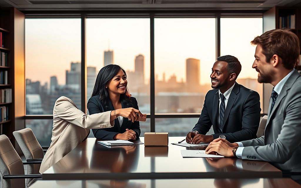 A sophisticated office environment illustrating the concept of "Reciprocity." In the foreground, a diverse group of three professionals—two women and one man—are engaged in a thoughtful discussion around a conference table. One woman of Asian descent is extending a hand with a small gift box, symbolizing the principle of giving. The second woman, of African descent, smiles appreciatively, while the man, of Caucasian descent, nods in agreement, all dressed in smart business attire. In the middle ground, a large window reveals a city skyline bathed in soft, warm evening light, casting gentle shadows. In the background, bookshelves filled with business literature create an intellectual ambiance. The scene projects a collaborative and harmonious atmosphere, emphasizing trust and mutual benefit in professional relationships. A sophisticated office environment illustrating the concept of "Reciprocity." In the foreground, a diverse group of three professionals—two women and one man—are engaged in a thoughtful discussion around a conference table. One woman of Asian descent is extending a hand with a small gift box, symbolizing the principle of giving. The second woman, of African descent, smiles appreciatively, while the man, of Caucasian descent, nods in agreement, all dressed in smart business attire. In the middle ground, a large window reveals a city skyline bathed in soft, warm evening light, casting gentle shadows. In the background, bookshelves filled with business literature create an intellectual ambiance. The scene projects a collaborative and harmonious atmosphere, emphasizing trust and mutual benefit in professional relationships.