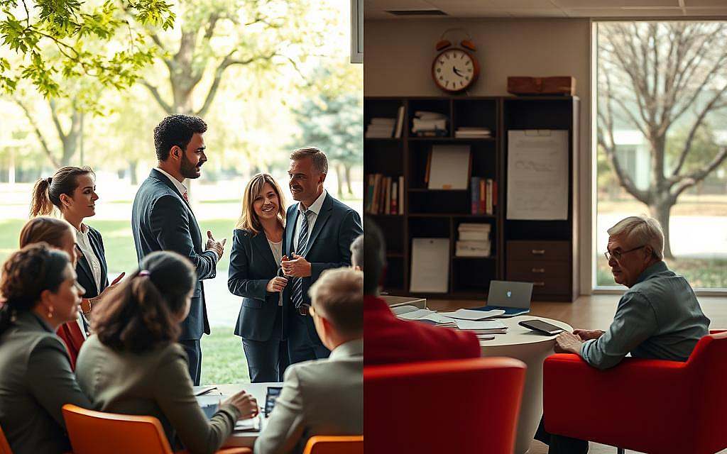 A split scene illustrating "Generativity vs. Stagnation in Middle Adulthood": In the foreground, a diverse group of adults in professional business attire engage in vibrant discussions, with one individual guiding a small team in a brainstorming session, embodying generativity. Their expressions are focused and passionate, highlighting creativity and collaboration. In the middle ground, contrasting this, a solitary figure sits in a dimly lit room, surrounded by unfinished projects and a clock ticking softly, reflecting stagnation. The background features a serene park, representing life outside, with trees and sunlight streaming through, symbolizing potential and opportunity. The overall mood should feel dynamic and contemplative, with warm yet contrasting lighting that emphasizes the split between vibrancy and stillness. Capture this moment from a slight angle, showcasing depth and interaction between the two scenes. A split scene illustrating "Generativity vs. Stagnation in Middle Adulthood": In the foreground, a diverse group of adults in professional business attire engage in vibrant discussions, with one individual guiding a small team in a brainstorming session, embodying generativity. Their expressions are focused and passionate, highlighting creativity and collaboration. In the middle ground, contrasting this, a solitary figure sits in a dimly lit room, surrounded by unfinished projects and a clock ticking softly, reflecting stagnation. The background features a serene park, representing life outside, with trees and sunlight streaming through, symbolizing potential and opportunity. The overall mood should feel dynamic and contemplative, with warm yet contrasting lighting that emphasizes the split between vibrancy and stillness. Capture this moment from a slight angle, showcasing depth and interaction between the two scenes.
