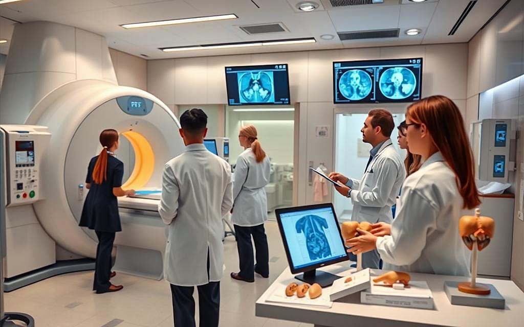 A state-of-the-art nuclear medicine diagnostic lab, featuring advanced imaging equipment such as a PET scanner and gamma camera in the foreground. Medical professionals, dressed in professional attire, examine the results on digital screens, collaborating on patient care. In the middle ground, there are anatomical models and samples illustrating the innovative procedures used in nuclear medicine. The background shows a sleek, modern lab environment with soft, clinical lighting that enhances the sterile atmosphere. The overall mood is one of professionalism and cutting-edge technology, capturing the essence of diagnostic methods in nuclear medicine. The angle is slightly elevated to provide a comprehensive view of the interaction and equipment in use, emphasizing innovation and teamwork. A state-of-the-art nuclear medicine diagnostic lab, featuring advanced imaging equipment such as a PET scanner and gamma camera in the foreground. Medical professionals, dressed in professional attire, examine the results on digital screens, collaborating on patient care. In the middle ground, there are anatomical models and samples illustrating the innovative procedures used in nuclear medicine. The background shows a sleek, modern lab environment with soft, clinical lighting that enhances the sterile atmosphere. The overall mood is one of professionalism and cutting-edge technology, capturing the essence of diagnostic methods in nuclear medicine. The angle is slightly elevated to provide a comprehensive view of the interaction and equipment in use, emphasizing innovation and teamwork.