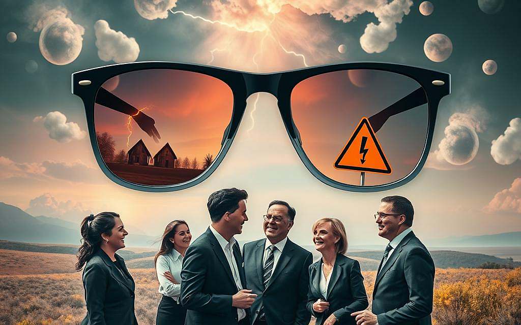 A surreal depiction of "Additional Senses," showcasing various forms of perception like humor and danger awareness. In the foreground, a diverse group of individuals in professional business attire engages in a playful discussion, their expressions conveying humor and intuition. The middle ground features symbolic elements such as a pair of oversized glasses reflecting fleeting images of danger, like a lightning bolt and a warning sign. In the background, a dreamlike landscape with abstract shapes and colors representing the complexity of human perception, bathed in soft, ethereal lighting. The overall atmosphere is thought-provoking yet lighthearted, captured with a wide-angle lens to emphasize the depth of interaction and the multitude of senses at play. A surreal depiction of "Additional Senses," showcasing various forms of perception like humor and danger awareness. In the foreground, a diverse group of individuals in professional business attire engages in a playful discussion, their expressions conveying humor and intuition. The middle ground features symbolic elements such as a pair of oversized glasses reflecting fleeting images of danger, like a lightning bolt and a warning sign. In the background, a dreamlike landscape with abstract shapes and colors representing the complexity of human perception, bathed in soft, ethereal lighting. The overall atmosphere is thought-provoking yet lighthearted, captured with a wide-angle lens to emphasize the depth of interaction and the multitude of senses at play.