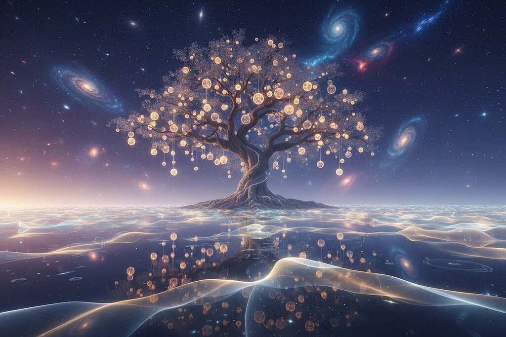A surreal landscape representing the connection between ether and consciousness. In the foreground, ethereal, glowing energy waves ripple across a tranquil pond, reflecting the shimmering cosmos above. The middle ground features a majestic tree with sprawling branches, its leaves sparkling with tiny orbs of light, symbolizing thoughts and ideas. In the background, a vast sky transitions from deep indigo to violet, dotted with celestial bodies and swirling nebulae, embodying the mysteries of the universe. Soft, diffused lighting bathes the scene, creating a dreamlike atmosphere filled with serenity and introspection. The perspective is slightly elevated, capturing the expansiveness of this mystical environment while inviting viewers to explore the harmonious blend of etheric energy and consciousness.