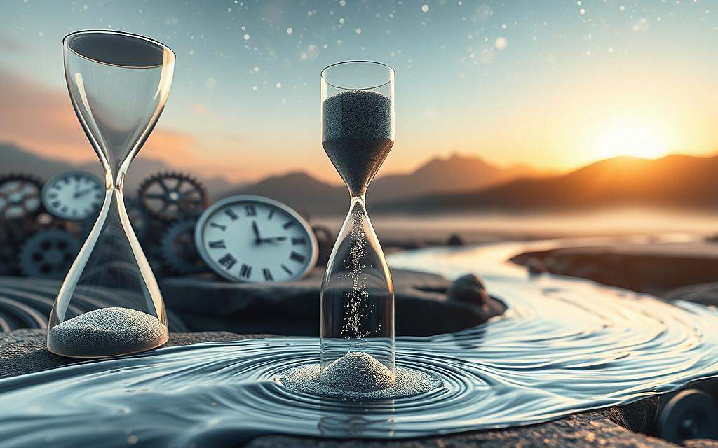 A surreal representation of temporal perception, focusing on the fluidity of time. In the foreground, an elegant hourglass spills sparkling sand, which merges into a flowing river representing the passage of time. The middle ground features abstract clocks and gears, seamlessly blending with an ethereal landscape that shifts between day and night, symbolizing the continuum of time perception. The background showcases a dreamy sky with stars transitioning into a glowing sunrise, casting soft, warm light that creates a serene atmosphere. Use a wide-angle lens perspective, emphasizing the depth and flow of time. The overall mood should evoke contemplation and wonder, inviting viewers to reflect on their own experience of time. A surreal representation of temporal perception, focusing on the fluidity of time. In the foreground, an elegant hourglass spills sparkling sand, which merges into a flowing river representing the passage of time. The middle ground features abstract clocks and gears, seamlessly blending with an ethereal landscape that shifts between day and night, symbolizing the continuum of time perception. The background showcases a dreamy sky with stars transitioning into a glowing sunrise, casting soft, warm light that creates a serene atmosphere. Use a wide-angle lens perspective, emphasizing the depth and flow of time. The overall mood should evoke contemplation and wonder, inviting viewers to reflect on their own experience of time.