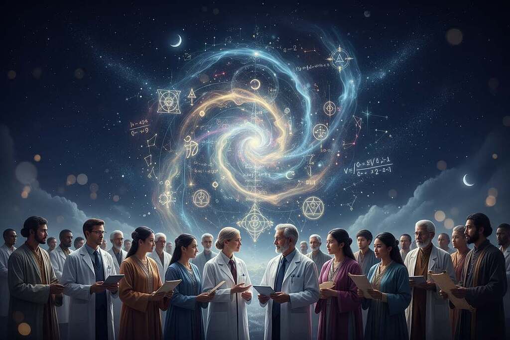 A surreal representation of the concept of Aether blending science and spirituality. In the foreground, a diverse group of scientists and spiritual practitioners engaged in thoughtful discussion, dressed in professional attire, showcasing vibrant expressions. In the middle ground, an ethereal, swirling representation of Aether, composed of luminous energy waves intertwined with geometric patterns, hinting at both scientific formulas and spiritual symbols. The background features a starry night sky, with soft celestial light emanating, casting a tranquil illumination over the scene. The atmosphere is harmonious and inspiring, symbolizing the union of knowledge and spirituality. Use soft, natural lighting with a slight bokeh effect to add depth and create a serene mood.