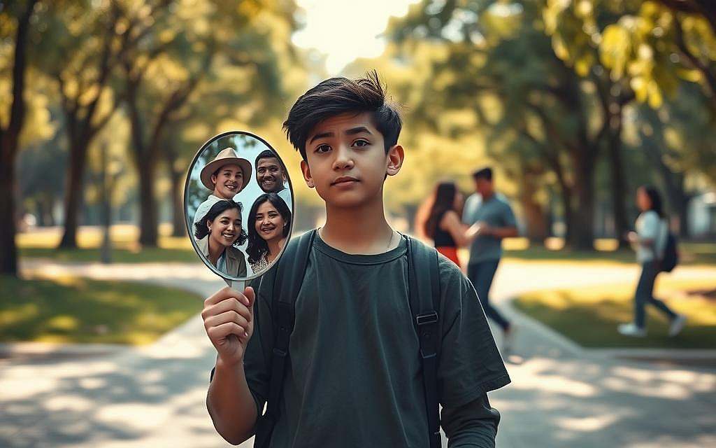 A thoughtful adolescent stands at a crossroads in a serene park, symbolizing the search for identity amid confusion. In the foreground, the young individual, dressed in casual yet modest clothing, looks introspective, holding a mirror that reflects different expressions representing various personalities. In the middle ground, diverse silhouettes of peers explore relationships, showcasing a blend of emotions such as joy, uncertainty, and curiosity. The background features a soft blend of trees and sunlight filtering through the leaves, creating a warm, inviting atmosphere. The scene is captured in soft, natural lighting that casts gentle shadows, enhancing the mood of contemplation and growth. The angle is slightly above eye level, drawing viewers into the emotional journey of the adolescent. A thoughtful adolescent stands at a crossroads in a serene park, symbolizing the search for identity amid confusion. In the foreground, the young individual, dressed in casual yet modest clothing, looks introspective, holding a mirror that reflects different expressions representing various personalities. In the middle ground, diverse silhouettes of peers explore relationships, showcasing a blend of emotions such as joy, uncertainty, and curiosity. The background features a soft blend of trees and sunlight filtering through the leaves, creating a warm, inviting atmosphere. The scene is captured in soft, natural lighting that casts gentle shadows, enhancing the mood of contemplation and growth. The angle is slightly above eye level, drawing viewers into the emotional journey of the adolescent.