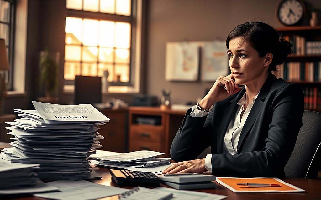 A thoughtful, business-focused scene depicting the Sunk Cost Effect. In the foreground, a professional woman in business attire sits at a desk cluttered with documents and a calculator, visibly torn between two choices: a stack of papers labeled 'Investments' on one side and a vibrant, appealing project plan on the other. In the middle ground, a subtle glow emanates from a large window, illuminating her facial expression of uncertainty and realization. The background features an office setting with shelves of books and a clock ticking, suggesting the passage of time. The mood is tense yet contemplative, as the lighting is warm and soft, creating a reflective atmosphere that encapsulates the psychological struggle of the Sunk Cost Effect, with an emphasis on decision-making and emotional investment. A thoughtful, business-focused scene depicting the Sunk Cost Effect. In the foreground, a professional woman in business attire sits at a desk cluttered with documents and a calculator, visibly torn between two choices: a stack of papers labeled 'Investments' on one side and a vibrant, appealing project plan on the other. In the middle ground, a subtle glow emanates from a large window, illuminating her facial expression of uncertainty and realization. The background features an office setting with shelves of books and a clock ticking, suggesting the passage of time. The mood is tense yet contemplative, as the lighting is warm and soft, creating a reflective atmosphere that encapsulates the psychological struggle of the Sunk Cost Effect, with an emphasis on decision-making and emotional investment.