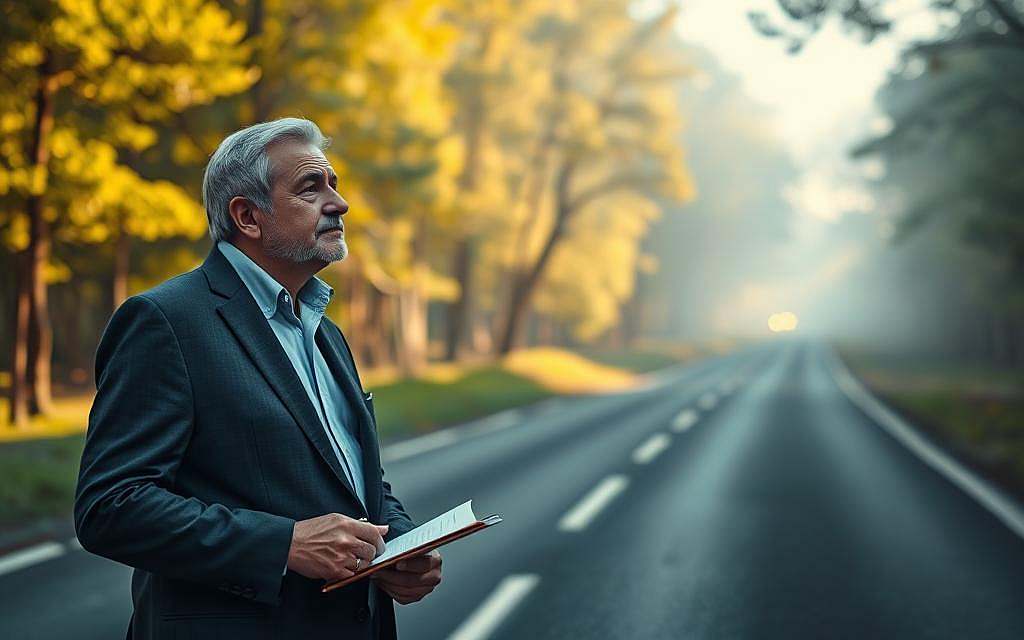 A thoughtful person standing at a fork in the road, symbolizing decision-making. The foreground features a well-dressed individual, a middle-aged man or woman, looking contemplative while holding a notepad. In the middle ground, the road branches off into two distinct paths — one leading through a sunny forest and the other into a foggy urban setting. Soft, dappled sunlight filters through the trees, while the urban path is marked by soft, diffused street lights. The background shows a harmonious blend of nature and city life. The scene conveys an atmosphere of introspection and clarity, visually exploring the psychology behind choices. The mood is serene yet thought-provoking, utilizing a wide-angle lens to capture both the subject's emotion and the environment. A thoughtful person standing at a fork in the road, symbolizing decision-making. The foreground features a well-dressed individual, a middle-aged man or woman, looking contemplative while holding a notepad. In the middle ground, the road branches off into two distinct paths — one leading through a sunny forest and the other into a foggy urban setting. Soft, dappled sunlight filters through the trees, while the urban path is marked by soft, diffused street lights. The background shows a harmonious blend of nature and city life. The scene conveys an atmosphere of introspection and clarity, visually exploring the psychology behind choices. The mood is serene yet thought-provoking, utilizing a wide-angle lens to capture both the subject's emotion and the environment.