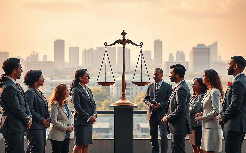 A thoughtful scene illustrating the concept of moral sense and social justice. In the foreground, a diverse group of individuals in professional business attire, engaged in a lively discussion, showcasing empathy and collaboration. In the middle, a large scale depicting a balanced scale of justice, symbolizing fairness, surrounded by various symbols of unity, such as hands joining together. In the background, an urban landscape with buildings representing society, melding with elements of nature to signify harmony. Soft, warm lighting creates an inviting atmosphere, with a slight haze to symbolize hope for social justice. The composition is from a slight low-angle perspective, emphasizing the importance of the discussion at hand. A thoughtful scene illustrating the concept of moral sense and social justice. In the foreground, a diverse group of individuals in professional business attire, engaged in a lively discussion, showcasing empathy and collaboration. In the middle, a large scale depicting a balanced scale of justice, symbolizing fairness, surrounded by various symbols of unity, such as hands joining together. In the background, an urban landscape with buildings representing society, melding with elements of nature to signify harmony. Soft, warm lighting creates an inviting atmosphere, with a slight haze to symbolize hope for social justice. The composition is from a slight low-angle perspective, emphasizing the importance of the discussion at hand.